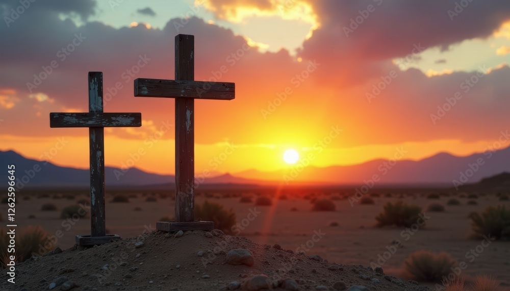 Two weathered crosses stand against a setting sun in the desert, sand, sky Two weathered crosses stand against a setting sun in the desert, sand, sky