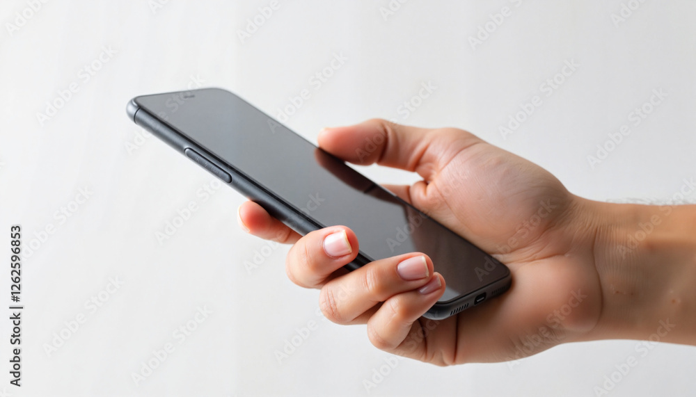 Hand holding smartphone against plain background Hand holding smartphone against plain background