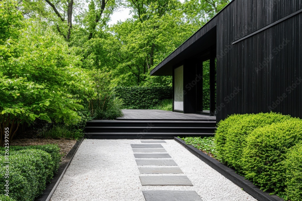 Modern landscape design featuring a minimalist pathway and lush green surroundings in a serene private garden during daylight Modern landscape design featuring a minimalist pathway and lush green surroundings in a serene private garden during daylight