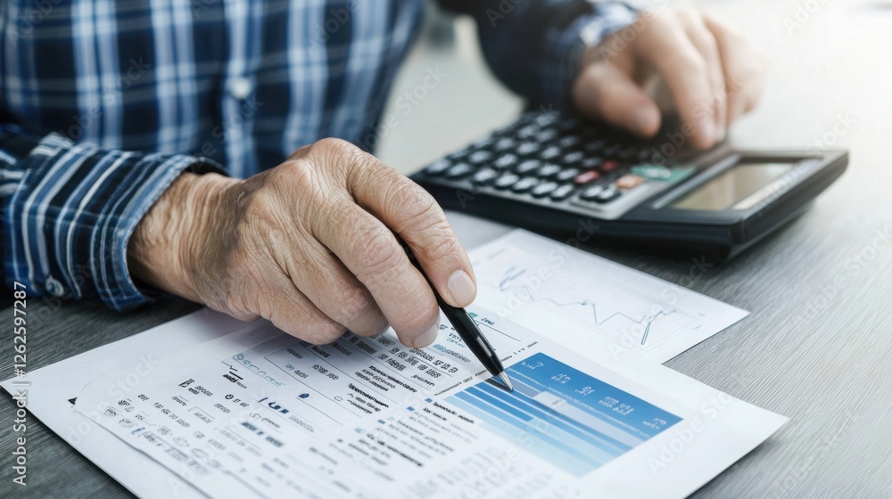 An elderly person, possibly European, using a calculator while managing financial documents on a table.