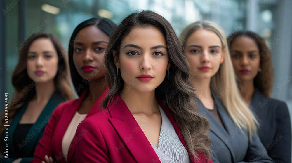 Fototapeta premium A diverse group of women stands confidently in business casual attire, representing a blend of professionalism and individuality