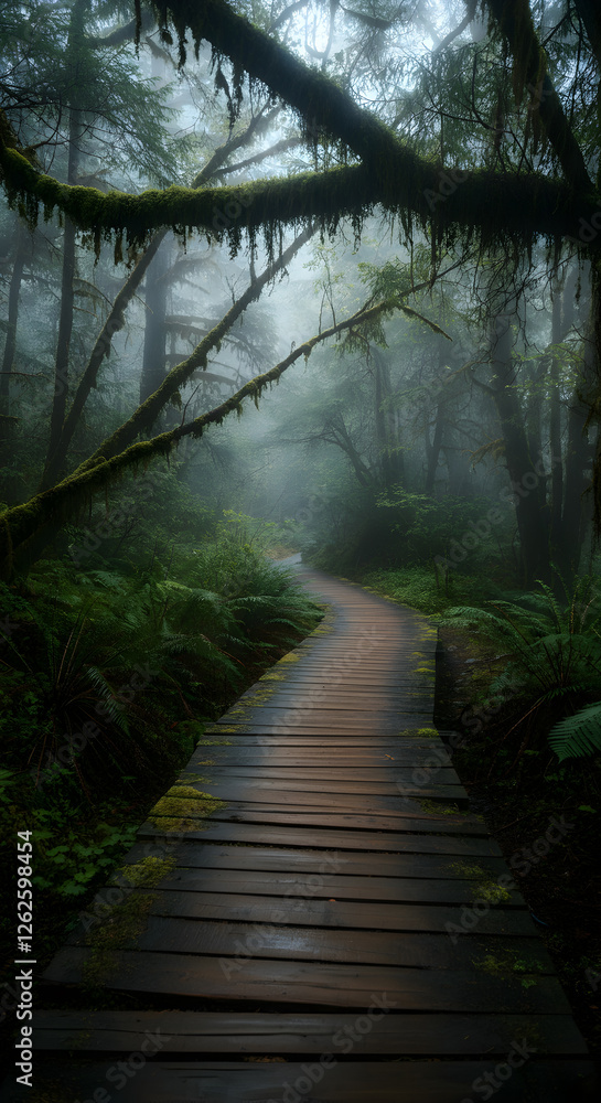 Fototapeta premium Wooden boardwalk winding through dense rainforest, lush ferns, moss draped trees enveloping path vanishing into misty green wilderness of Pacific Northwest