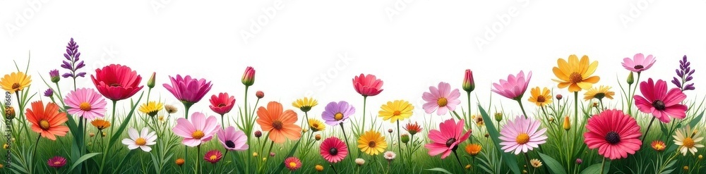 Fototapeta premium Lush cluster of wildflowers, bright hues, pure white backdrop , flora, pastel