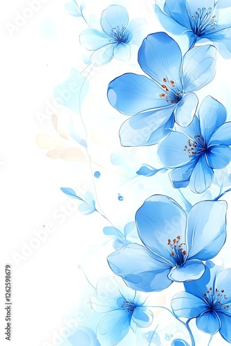 Serene Blue Blossoms Watercolor-style blue flowers gracefully cascading across a soft white background evoking a sense of tranquility and delicate beauty perfect for spring-themed designs