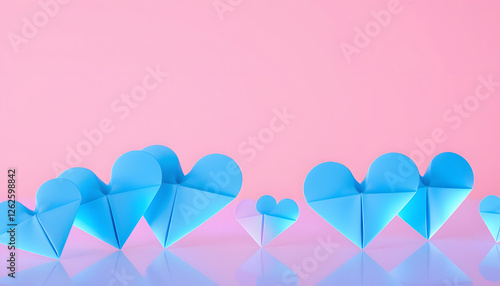 Light blue origami paper hearts isolated on transparent background, Colored gel lighting. with white shades