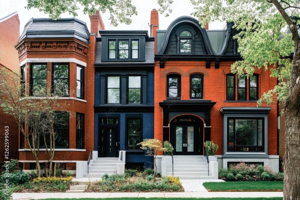 Elegant row houses showcasing Victorian architecture with vibrant brick facades and modern detailing in an urban neighborhood during daylight Elegant row houses showcasing Victorian architecture with vibrant brick facades and modern detailing in an urban neighborhood during daylight
