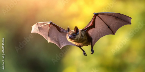 flying noctule bat with outstretched wings glides gracefully through vibrant background, showcasing its unique features and natural beauty photo