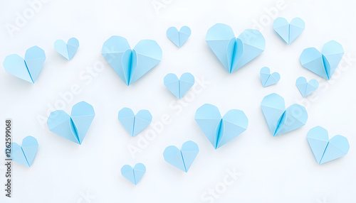 Light blue origami paper hearts isolated on transparent background, graphic novel art. with white shades
