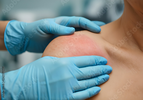 Doctor in blue medical gloves examining a skin rash on a Caucasian woman's shoulder during a thorough clinic evaluation, focusing on potential causes and treatments