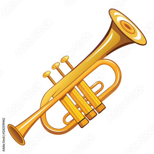 A brass colored trumpet on white background