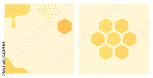 Honey signs with honey drop and hexagon sign on yellow backgrounds vector. 