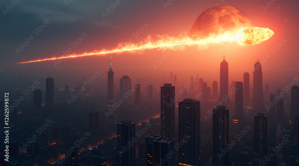 Fototapeta premium A dramatic cityscape showcases a burning meteor streaking towards a glowing orange moon, casting an ominous light over towering buildings in a futuristic skyline