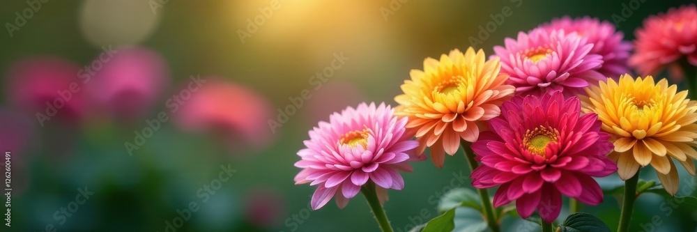 Fototapeta premium Multicolored chrysanthemums, soft focus background , abstract, petals