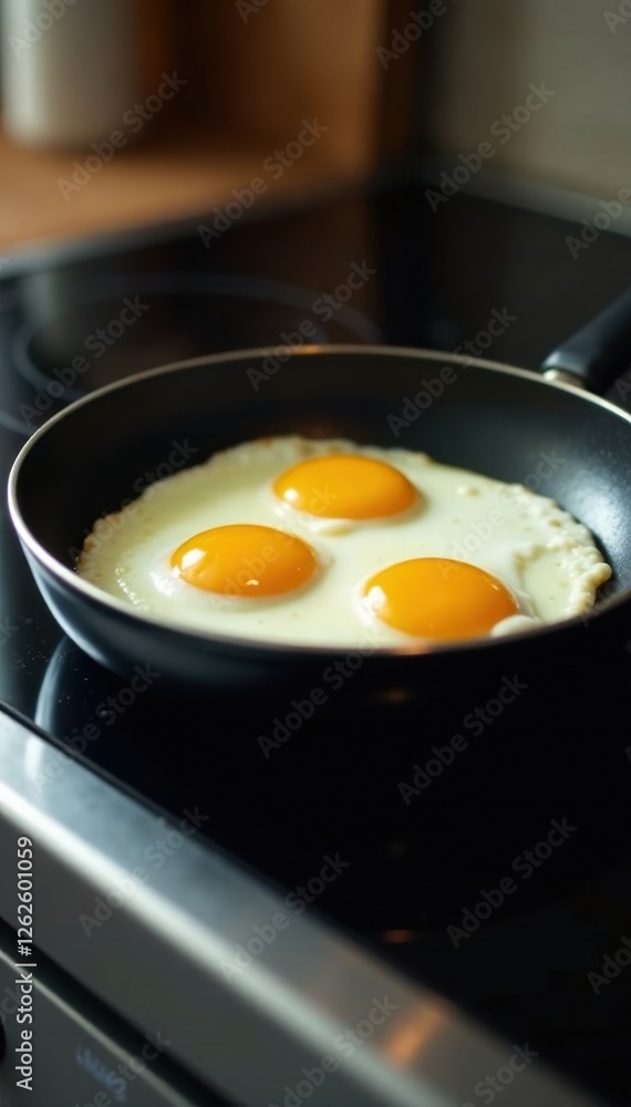 Non-stick pan with eggs frying on electric stove, appliance, non-stick, food
