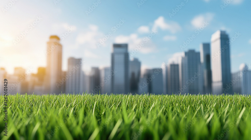 Fototapeta premium Lush green grass in foreground with modern city skyline in background, showcasing blend of nature and urban life under bright blue sky