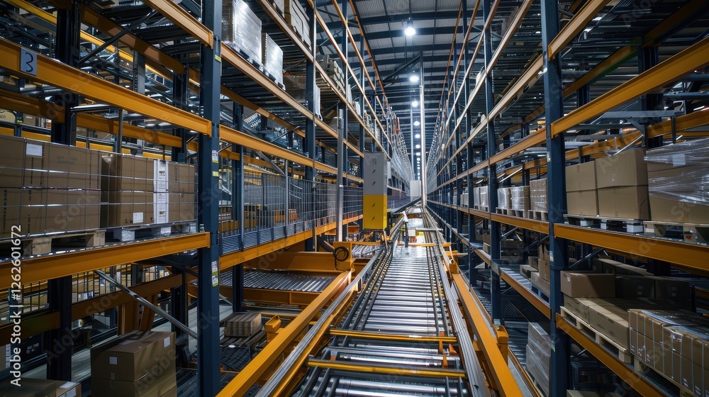 Fototapeta premium Warehouse with organized storage racks filled with shipping packages