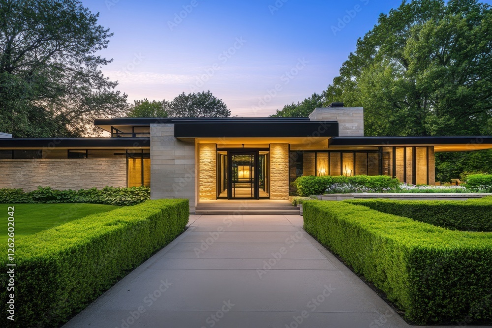 Modern architectural design features a sleek home with large windows and beautiful landscaping at dusk, showcasing the harmony of nature and contemporary living Modern architectural design features a sleek home with large windows and beautiful landscaping at dusk, showcasing the harmony of nature and contemporary living