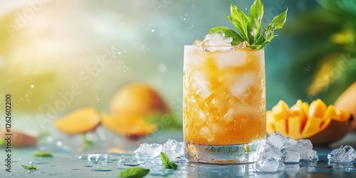 Refreshing tropical beverage with ice and mint under bright sunlight at a summer gathering with mango slices nearby photo