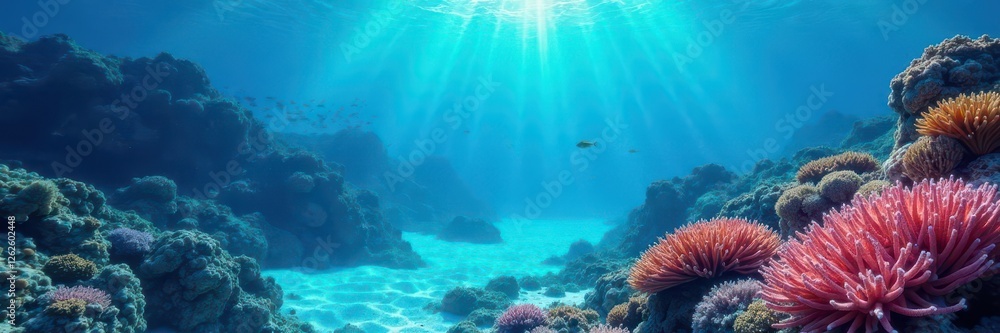 Fototapeta premium Deep blue ocean waves gently lap at coral reef, schools of fish swim in the background, reef, sea, life