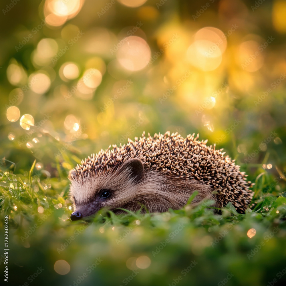 small hedgehog curled up in green grass with dew drops, surrounded by soft, warm glow. scene captures peaceful moment in nature, evoking sense of tranquility small hedgehog curled up in green grass with dew drops, surrounded by soft, warm glow. scene captures peaceful moment in nature, evoking sense of tranquility
