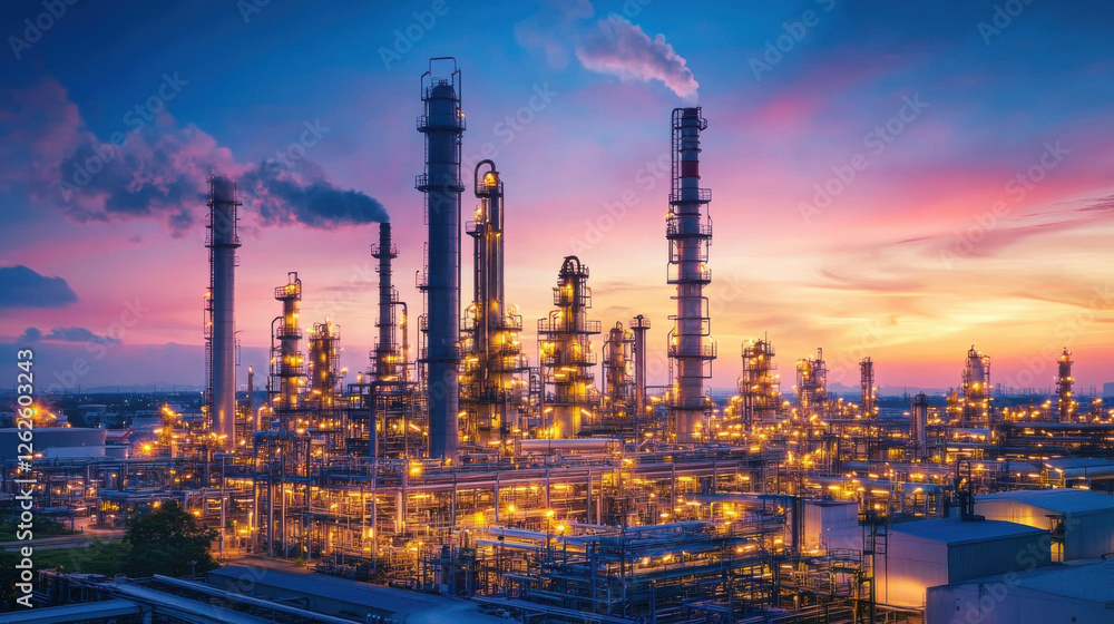 expansive industrial refinery illuminated by sunset, showcasing towering smokestacks and intricate piping against vibrant sky expansive industrial refinery illuminated by sunset, showcasing towering smokestacks and intricate piping against vibrant sky