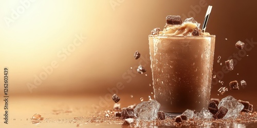 Creamy iced beverage with caramel drizzle and ice cubes on a wooden table in warm lighting photo