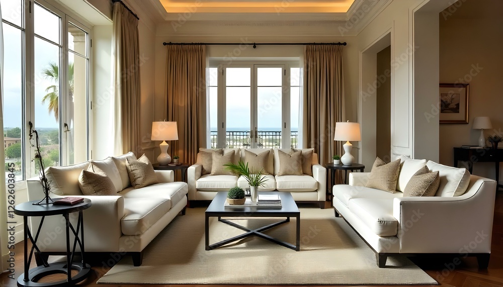 Picture a grand hotel suite with a wide-angle view of its lounge area. White and beige seating with fabric cushions is complemented Picture a grand hotel suite with a wide-angle view of its lounge area. White and beige seating with fabric cushions is complemented