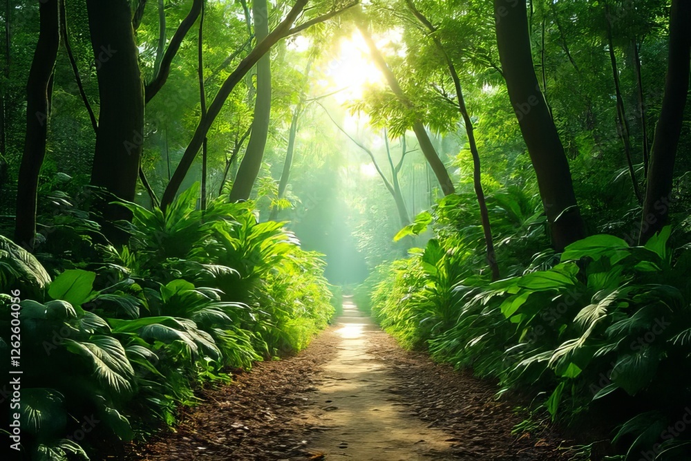 Fototapeta premium Lush Forest Path Sunlight Nature Photography