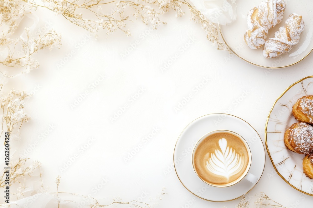 Xícara de café elegante com detalhes dourados, acompanhada de doces e decorações festivas em fundo branco, criada com IA generativa para um visual sofisticado e convidativo Xícara de café elegante com detalhes dourados, acompanhada de doces e decorações festivas em fundo branco, criada com IA generativa para um visual sofisticado e convidativo