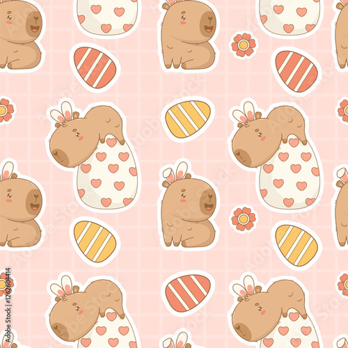 Easter Seamless pattern. Cute Capybara with Bunny Ears with paschal Eggs on pink checkered background. Holiday cartoon kawaii animal backdrop. Vector illustration. Kids collection