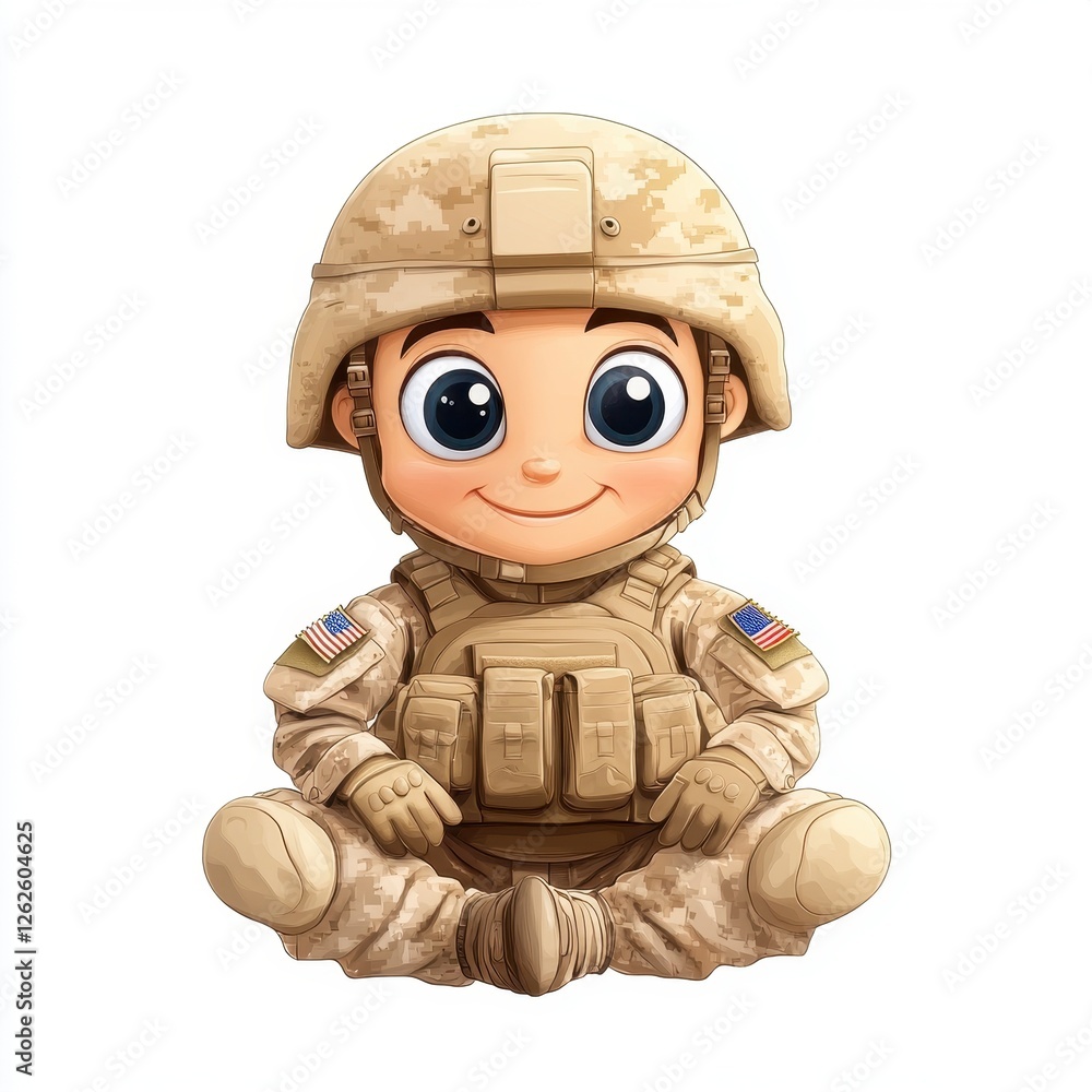 Cheerful Cartoon Child Soldier in Camouflage Uniform and Helmet Sitting Down with a Big Smile Cheerful Cartoon Child Soldier in Camouflage Uniform and Helmet Sitting Down with a Big Smile