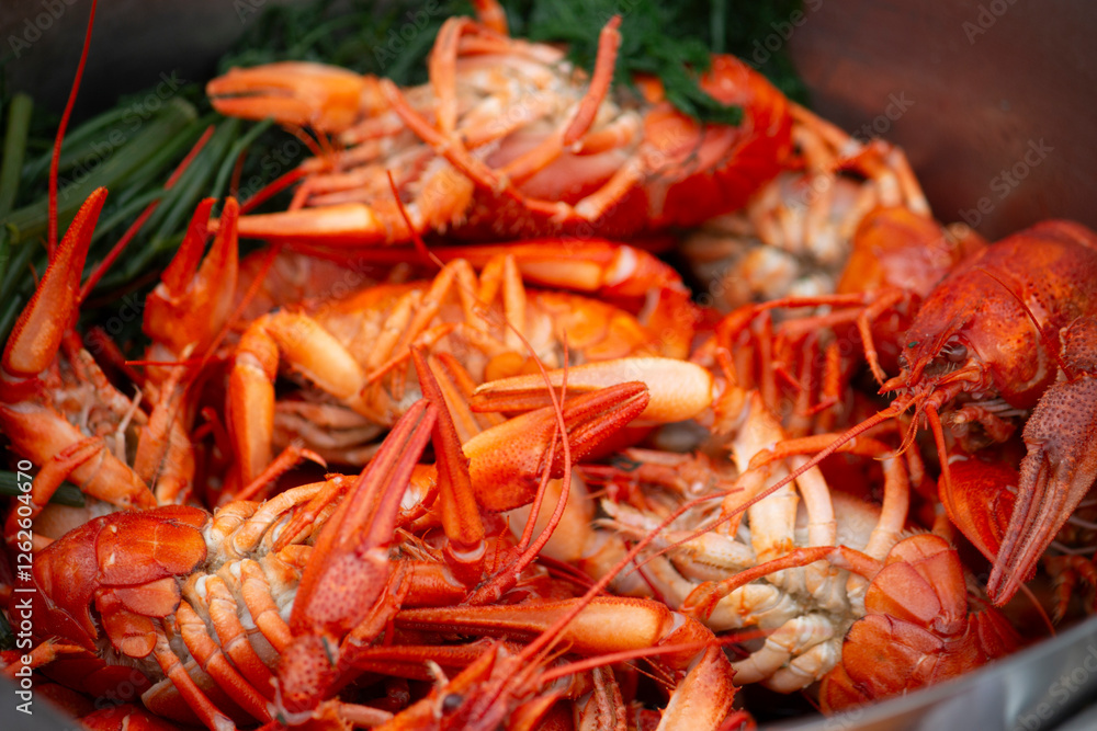 Fresh caught cooked crayfish in a pot. Travel food concept Fresh caught cooked crayfish in a pot. Travel food concept