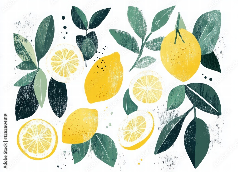 Abstract background with lemons and greenery, organic shapes and patterns, soft yellow tones, yellow lemons, green leaves, white flowers, geometric details and botanical patterns Abstract background with lemons and greenery, organic shapes and patterns, soft yellow tones, yellow lemons, green leaves, white flowers, geometric details and botanical patterns