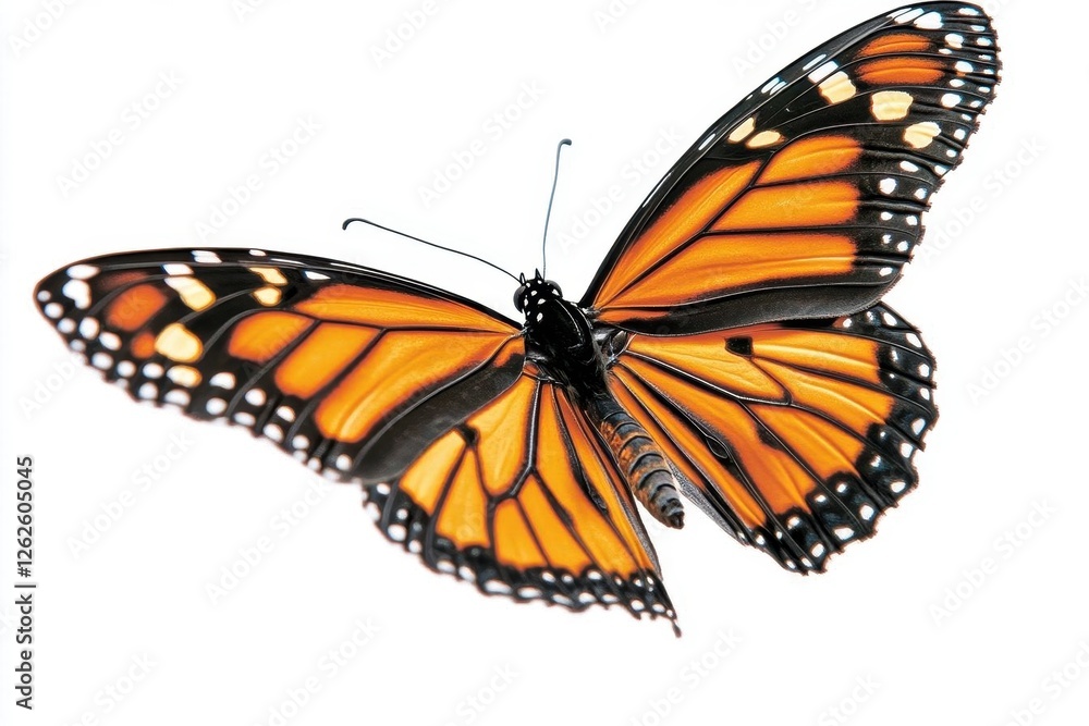 Naklejka premium majestic monarch butterfly mid-flight against pure white background, wings spread wide, intricate detail, professional macro photography