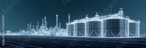 Industrial LNG Liquid Gas Refinery and Storage Tank Facility Petrochemical Energy Power Infrastructure Industry 3D wireframe illustration banner