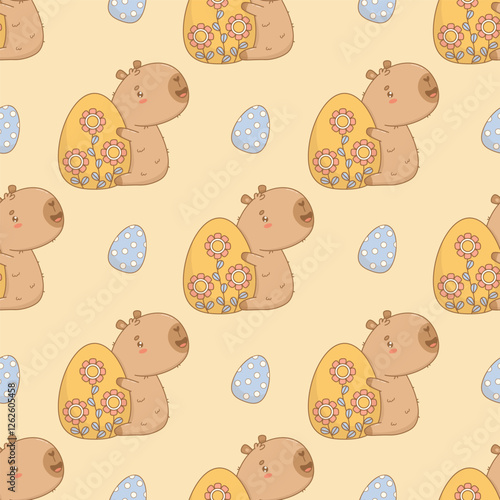Easter Seamless pattern. Happy Capybara with decorative paschal Egg on yellow background. Holiday Cute kawaii character. Vector illustration. Kids collection