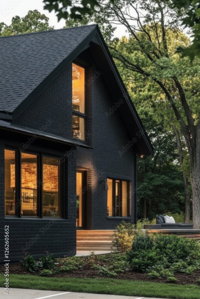 A contemporary black house exterior showcases inviting warm lighting, set in a tranquil residential neighborhood embraced by lush trees during the enchanting twilight hours A contemporary black house exterior showcases inviting warm lighting, set in a tranquil residential neighborhood embraced by lush trees during the enchanting twilight hours