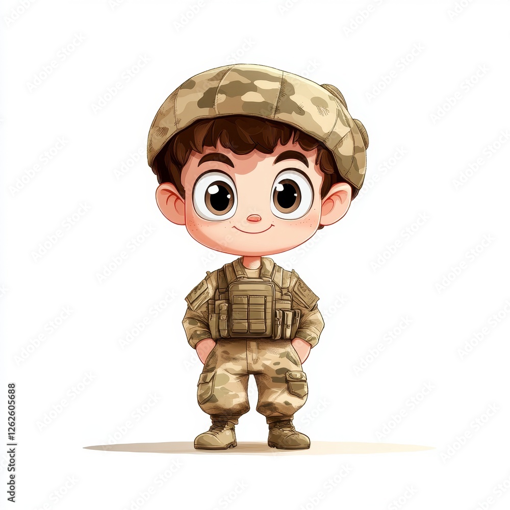Cheerful Cartoon Character Dressed in Military Uniform with Cap Smiling Confidently on White Background Cheerful Cartoon Character Dressed in Military Uniform with Cap Smiling Confidently on White Background