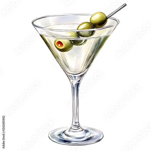 Charming watercolor illustration of a classic martini clipart, isolate on white, with an olive garnish
