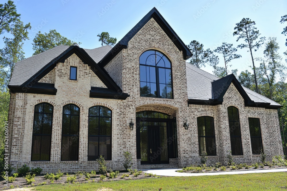 Stunning modern brick home set in a tranquil wooded area showcasing elegant architecture and large windows on a sunny day Stunning modern brick home set in a tranquil wooded area showcasing elegant architecture and large windows on a sunny day