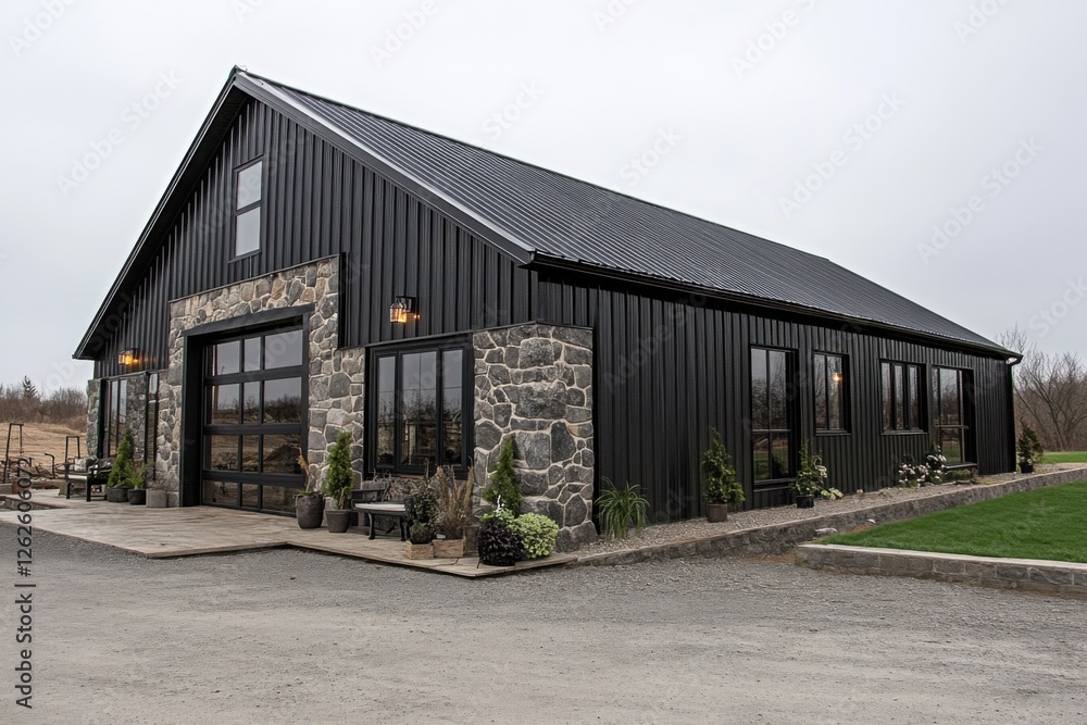Modern black barn with stone accents located in a rural area showcasing elegant design and lush landscaping during overcast weather Modern black barn with stone accents located in a rural area showcasing elegant design and lush landscaping during overcast weather