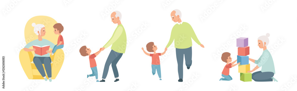 Grandparent with Boy Kid Spend Time Vector Set Grandparent with Boy Kid Spend Time Vector Set