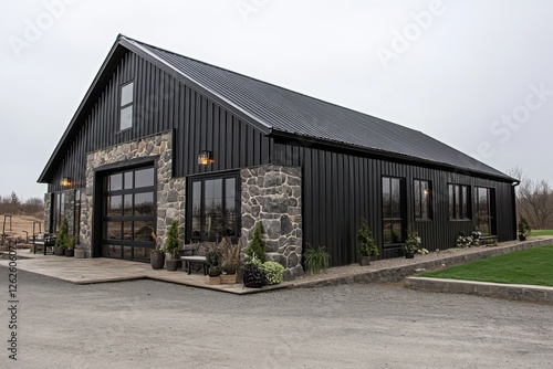 Modern black barn with stone accents located in a rural area showcasing elegant design and lush landscaping during overcast weather