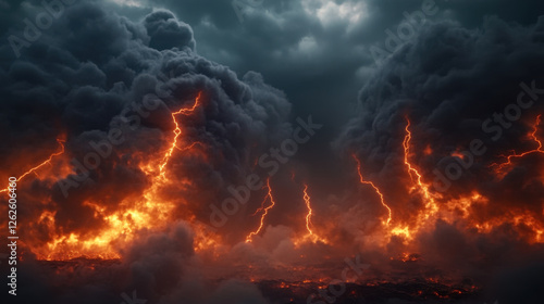 Wallpaper Mural Dramatic scene of dark clouds illuminated by fiery orange lightning, creating intense atmosphere. swirling fog adds to ominous feeling of landscape Torontodigital.ca