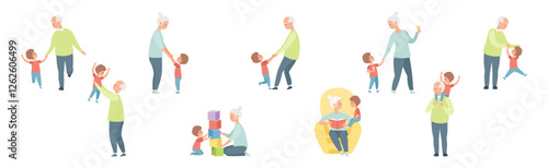 Grandparent with Boy Kid Spend Time Vector Set