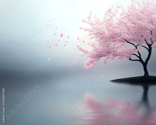 A serene cherry blossom tree standing by a tranquil body of water, surrounded by mist. photo