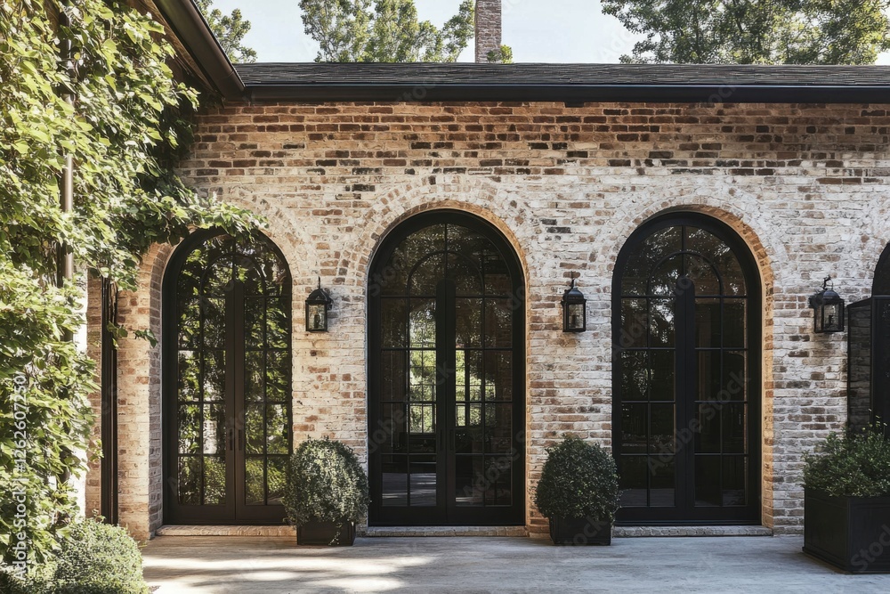 Fototapeta premium Elegant brick exterior with arched windows and lush greenery in a serene outdoor setting, capturing a tranquil moment in early afternoon light