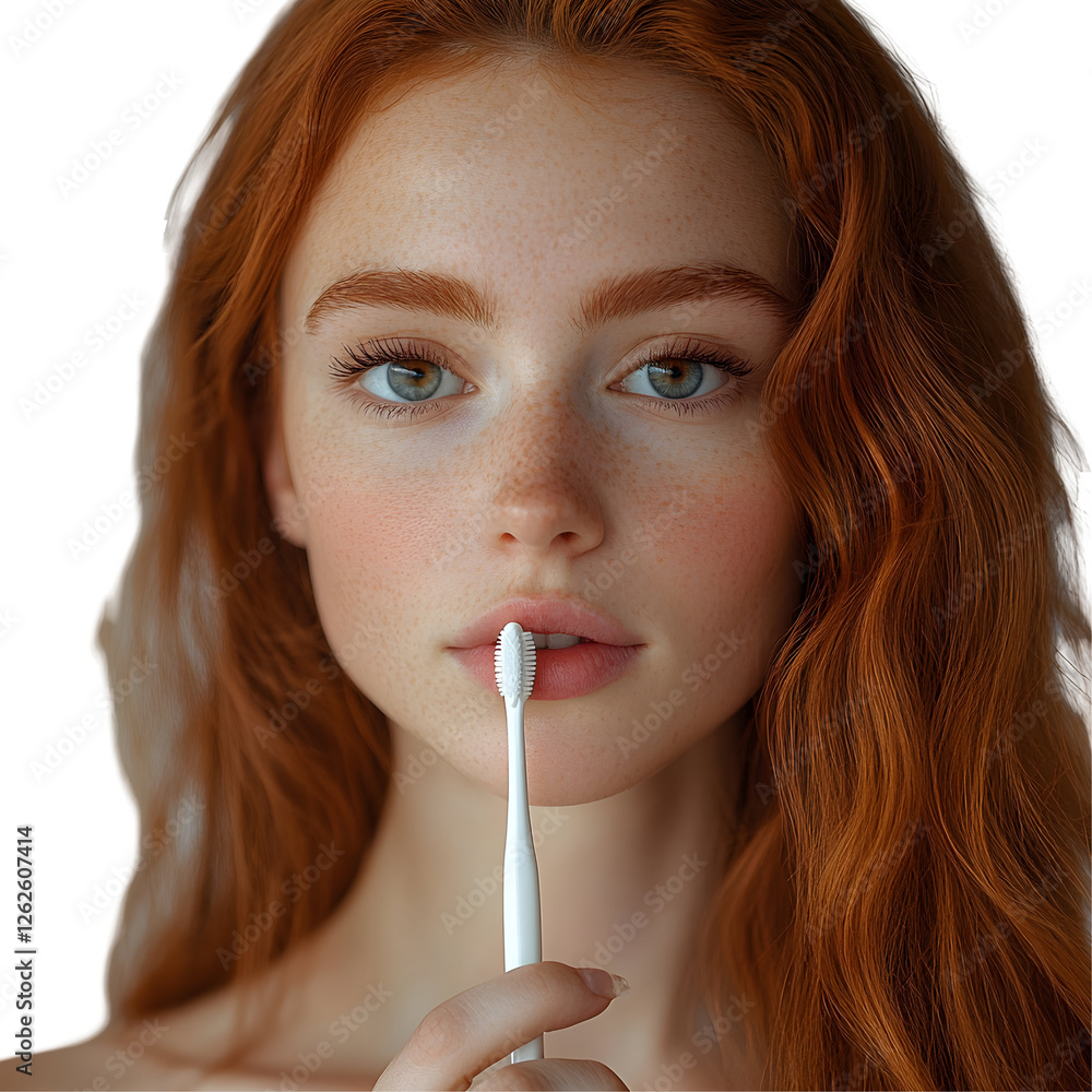Redhead brushes teeth + Model shows oral care, transparent Redhead brushes teeth + Model shows oral care, transparent