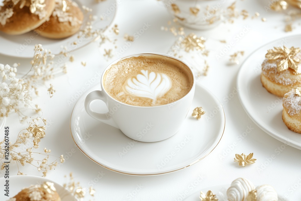 Xícara de café elegante com detalhes dourados, acompanhada de doces e decorações festivas em fundo branco, criada com IA generativa para um visual sofisticado e convidativo Xícara de café elegante com detalhes dourados, acompanhada de doces e decorações festivas em fundo branco, criada com IA generativa para um visual sofisticado e convidativo