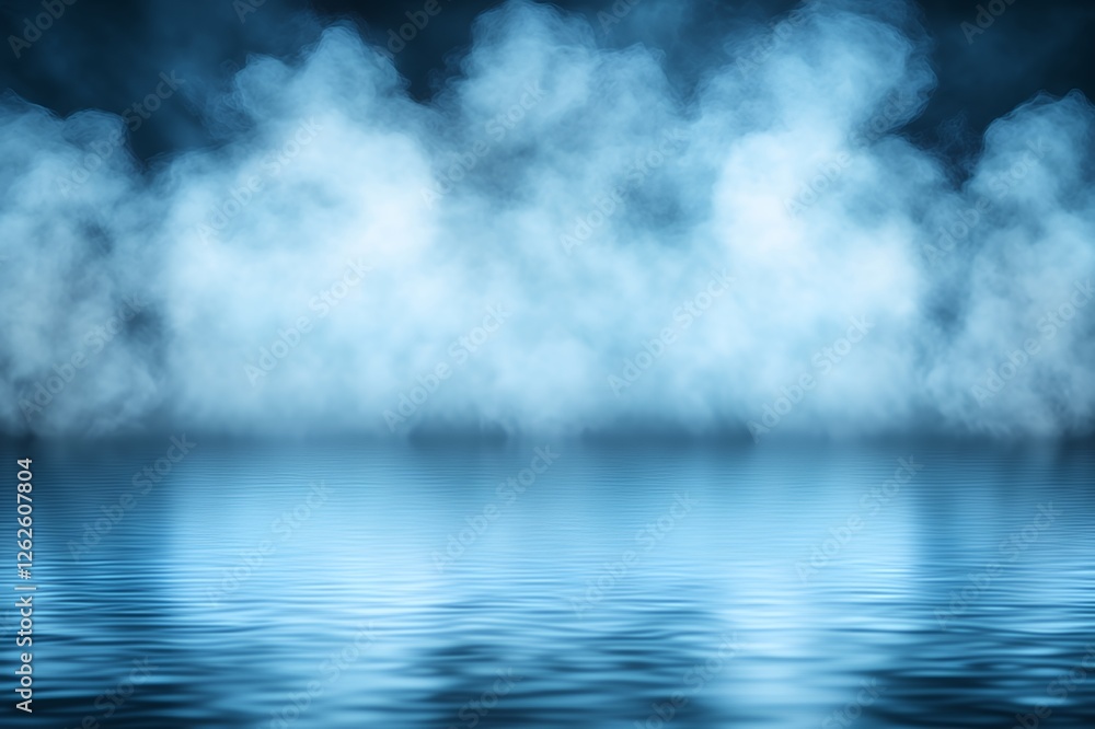 Fototapeta premium Mystical Blue Fog over Calm Water Surface Background Scene